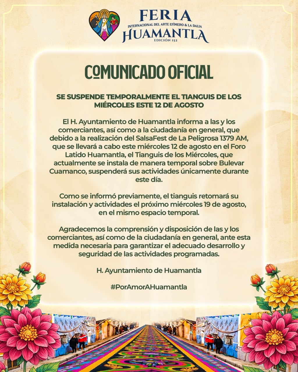 Se suspende temporalmente el Tianguis de los Miércoles este 12 de agosto